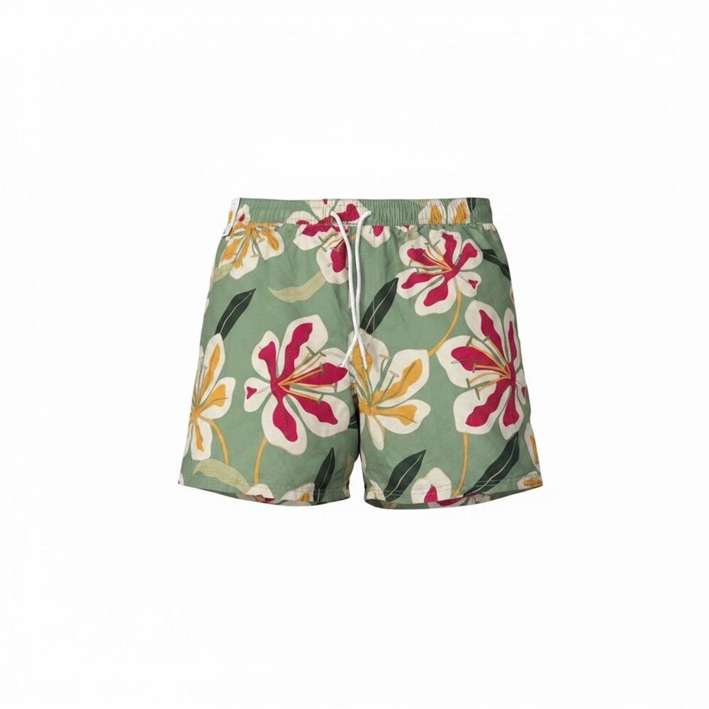 Men's Green Orchid Print Swim Trunks with Red & Yellow Blooms | Size XXL | NWT